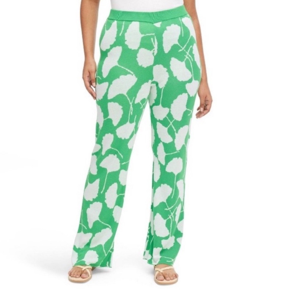 Diane Von Furstenberg Target High Waisted Ginkgo Green Flare Knit Pants Size XXL